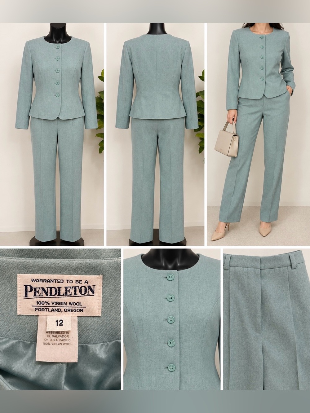 Pendleton Women's Mint Green Straight-Leg Wool Pant Suit